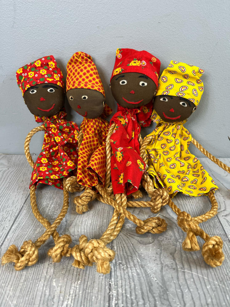 Lot of 4 Vintage Caribbean Rag Dolls Handmade Folk Art Floral Motif