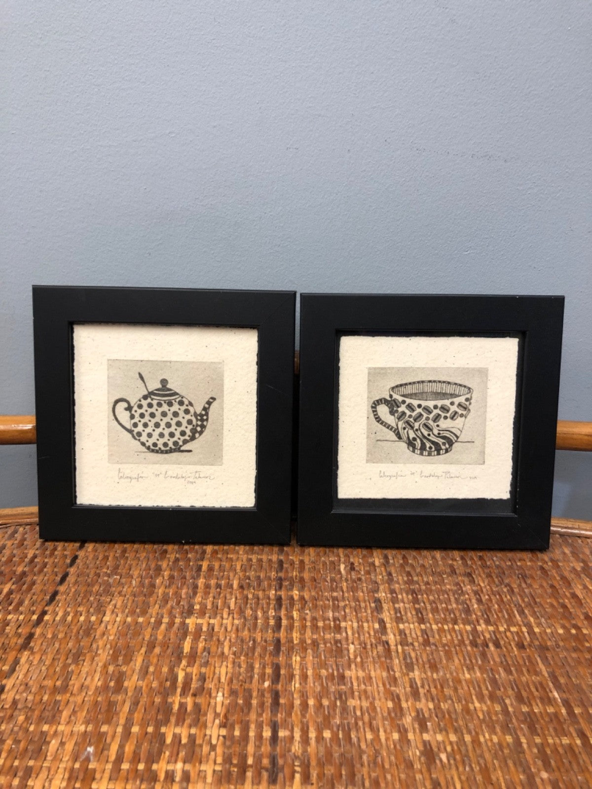 Pair of Cute Teapot and Teacup Drawings - Signed By Artist - Black Frames
