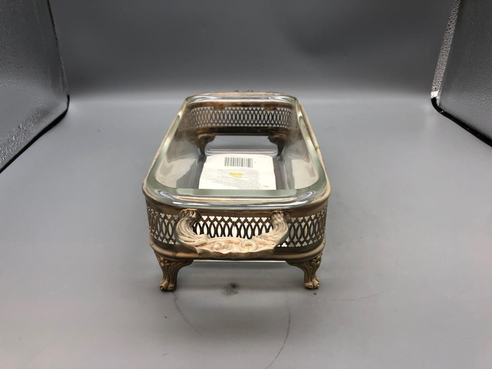 PYREX PLATE W SILVER HOLDER BREAD OR MEAT LOAF GLASS DISH - 1 1/2 Qt Dish