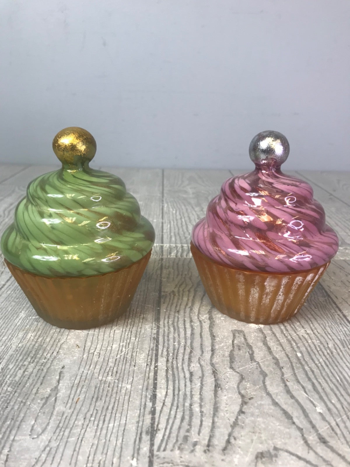 Pair of Green and Pink Anthropologie Cupcake Glass Candle Holders - No Candles