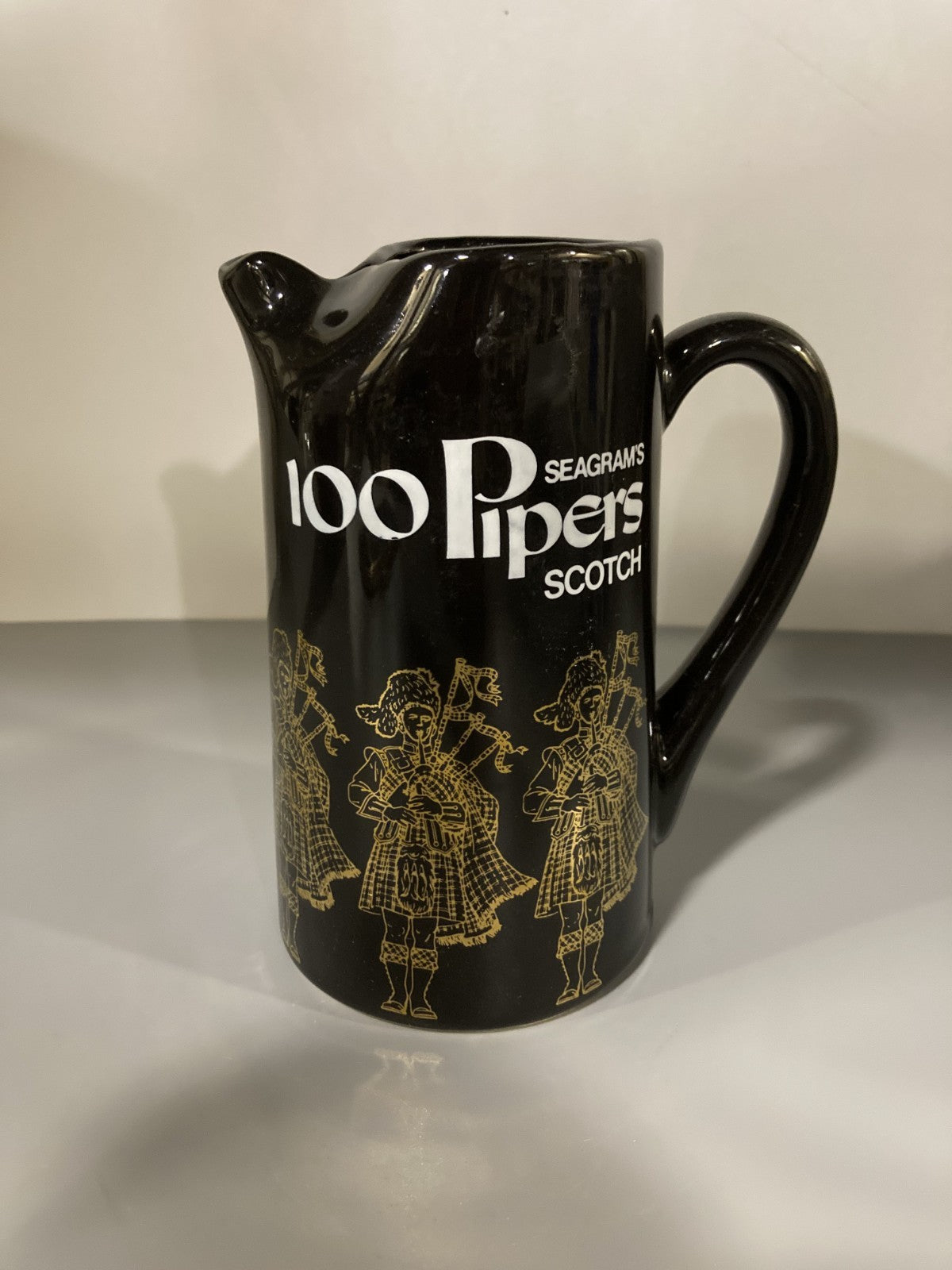Vintage Collectible Ceramic Liquor Jug/Pitcher Seagram's 100 Pipers Scotch Black
