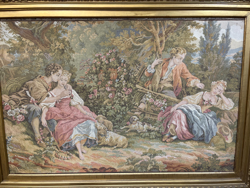 Vintage Pictorial Tapestry Romantic Tapestry in Gilded Wide Gold Frame