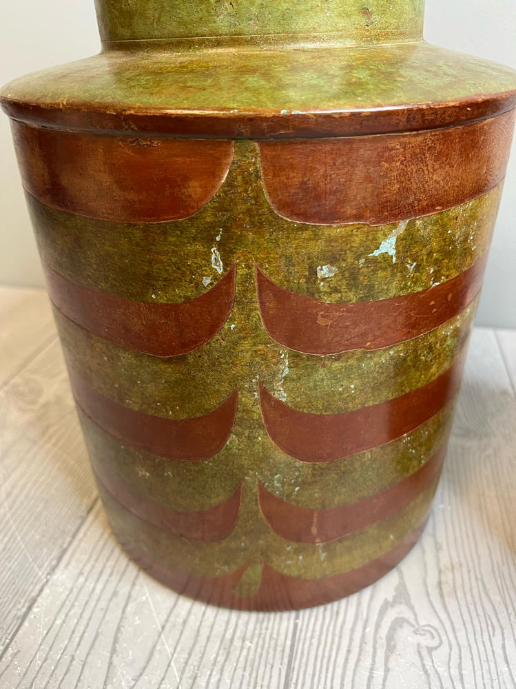 Pair of 70s Inspired Lidded Metal Cannisters Hand-Painted Green, Brown Storage