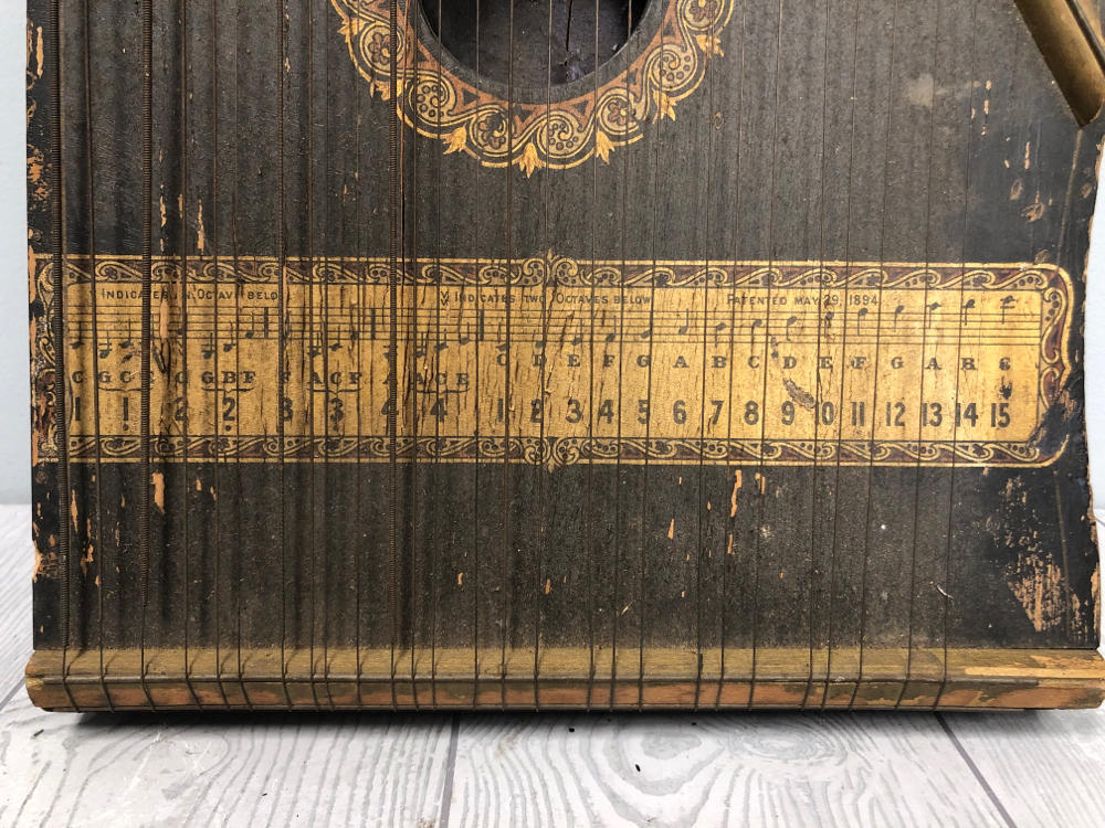 OLD VINTAGE WOOD-WOODEN LAP HARP MUSIC LAP INSTRUMENT - Bird Engraving