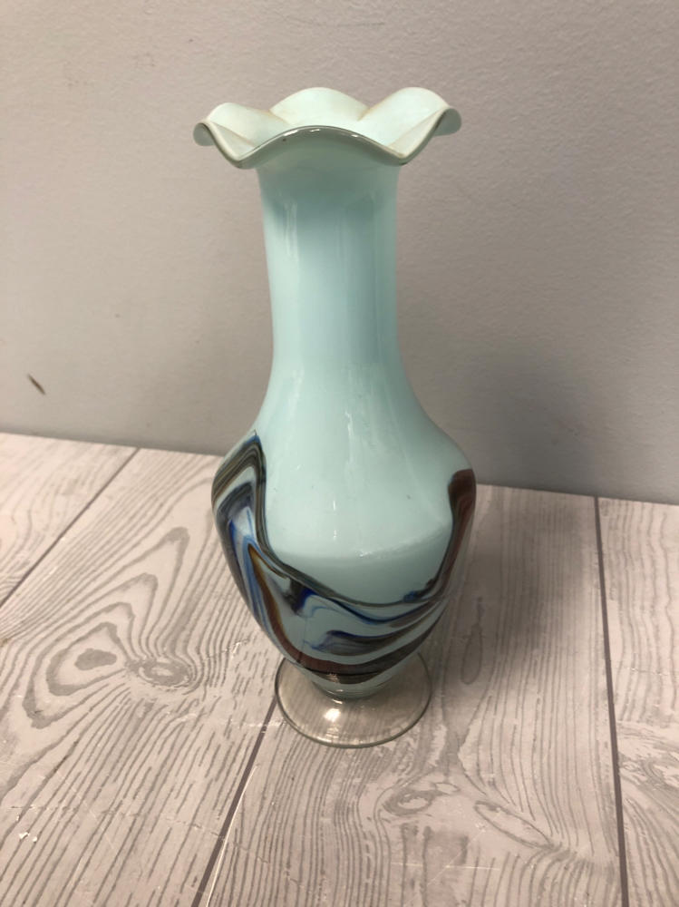 Vintage Light Blue Vase Dalian Glass Company Inspired Hand-Painted Scalloped Top