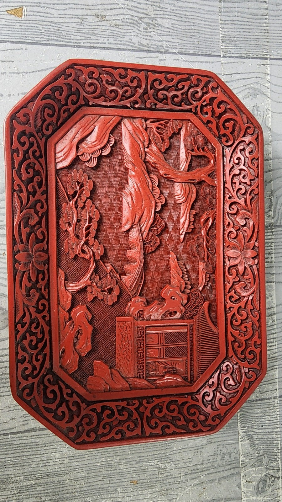 Vintage Mid-20th Century Chinese Hand Carved Cinnabar Inspired Lacquer Plate