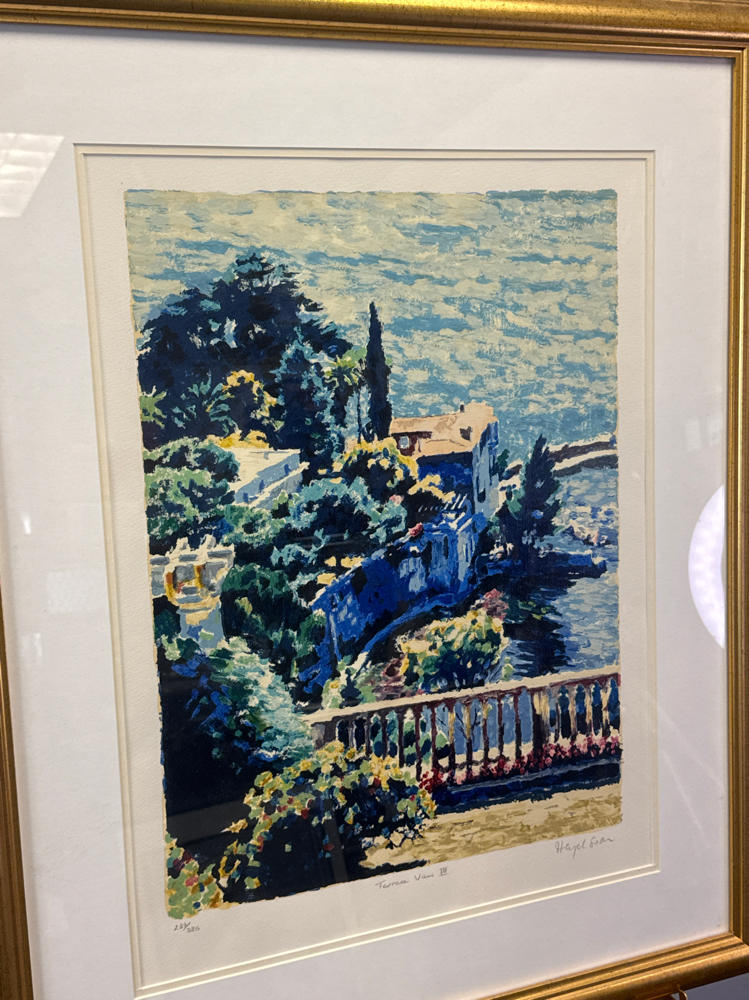 Signed Hazel Soan Terrace View 3 Sea Serigraph Painting in Gold Frame