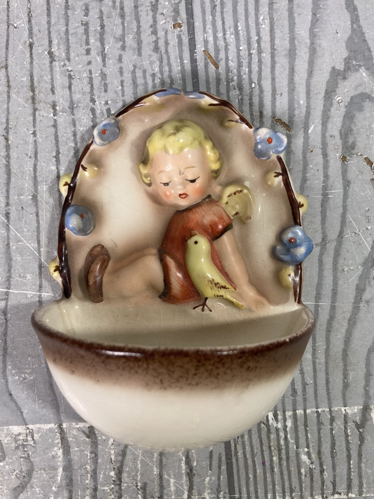 RARE!!! Vintage Hummel Small Holy Water Font Wall Pocket Featuring Angel With Bi