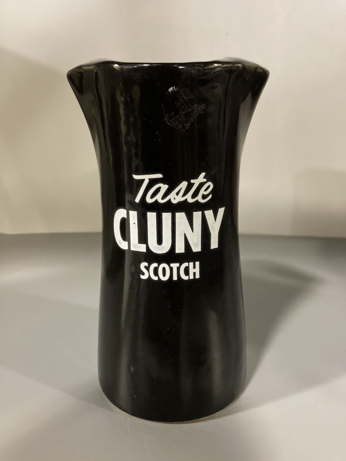 Vintage Collectible Ceramic Liquor Jug/Pitcher Taste Cluny Scotch Black/White