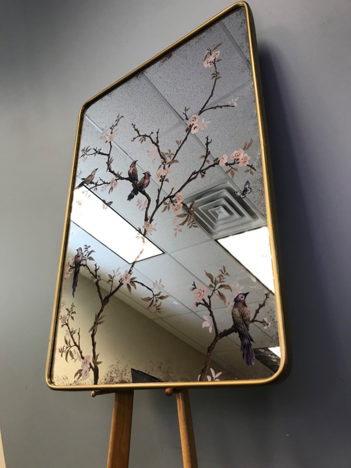 Kirkland's Home Large Gold Trim Mirror- Floral Painting with Birds 30"L x 42.5"H