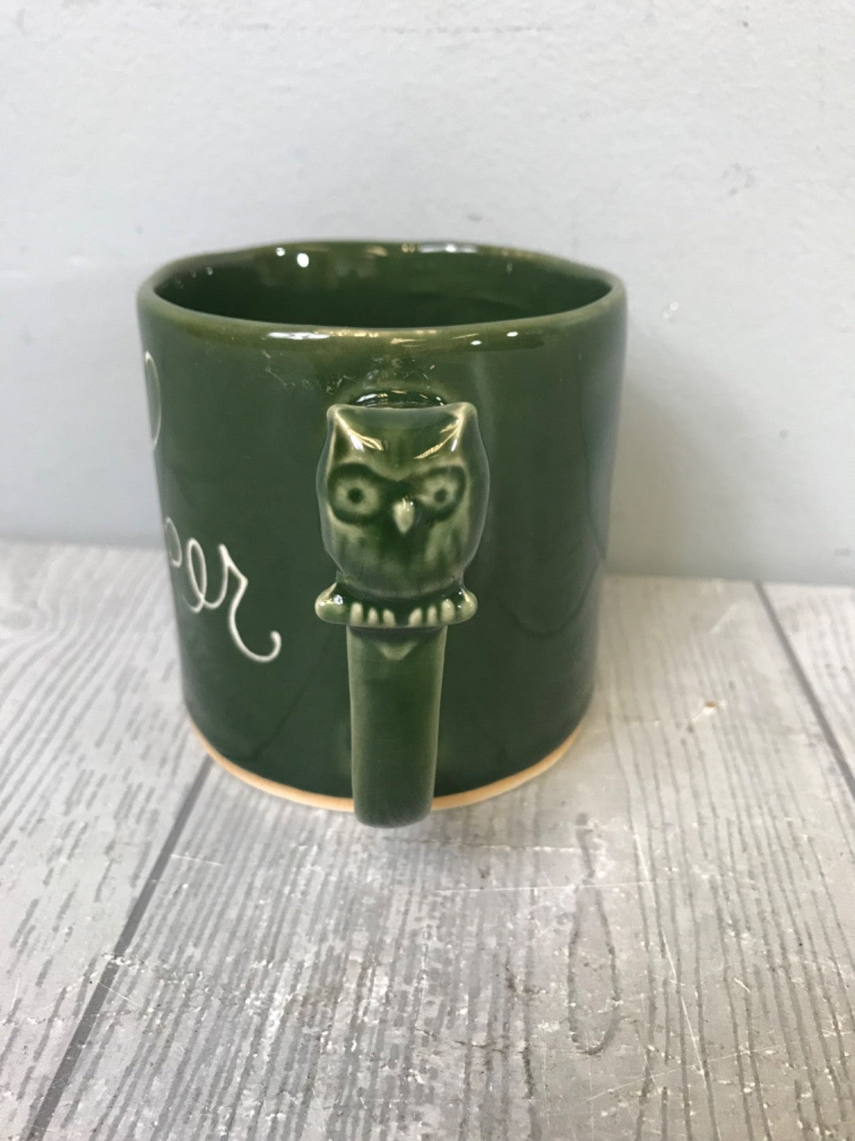 Green Anthropologie Visionary "Thinker" Mug - Green Mug With Owl on Handle