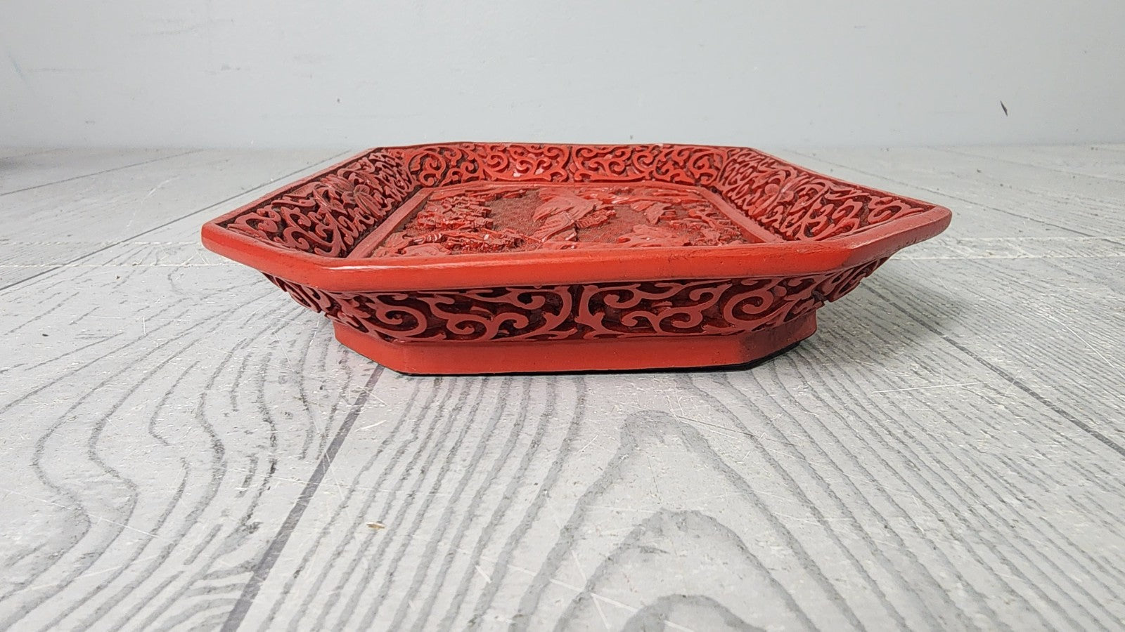 Vintage Mid-20th Century Chinese Hand Carved Cinnabar Inspired Lacquer Plate