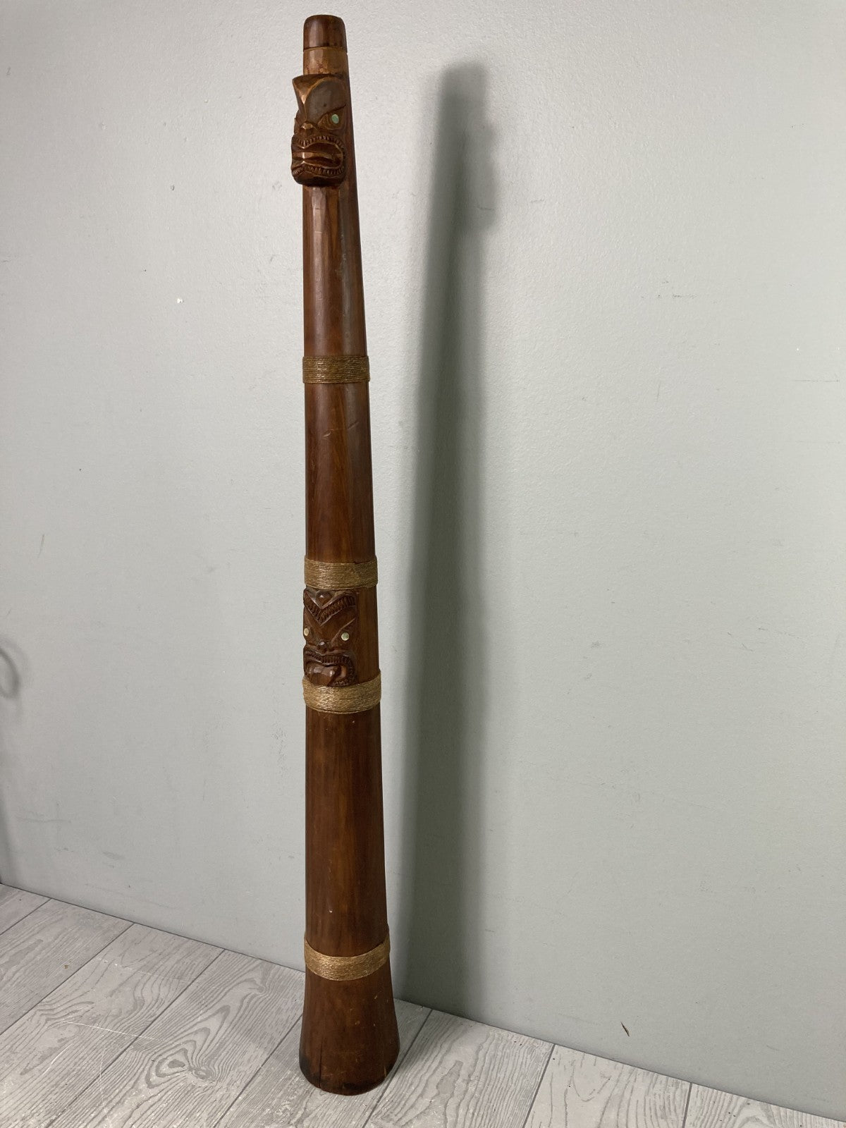 Decorative Tall Wooden Horn Shaped Polynesian Tribal Art Piece Mother of Pearl
