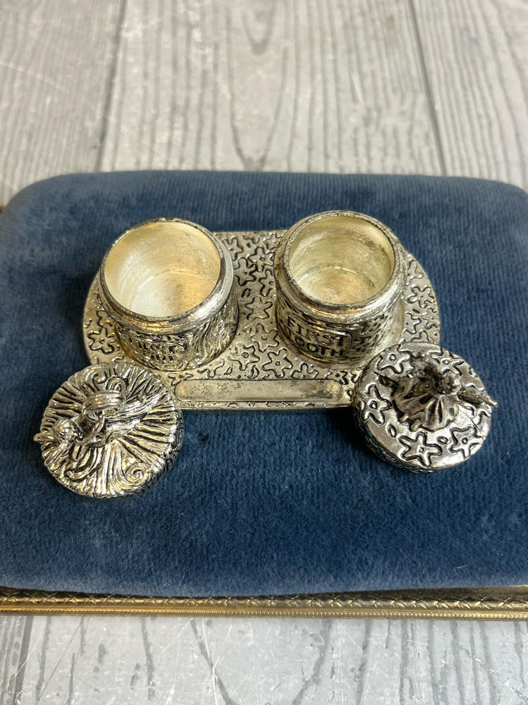 CBK Baby's First Tooth & First Curl Pewter Lidded Trinket Boxes on Tray Fairies