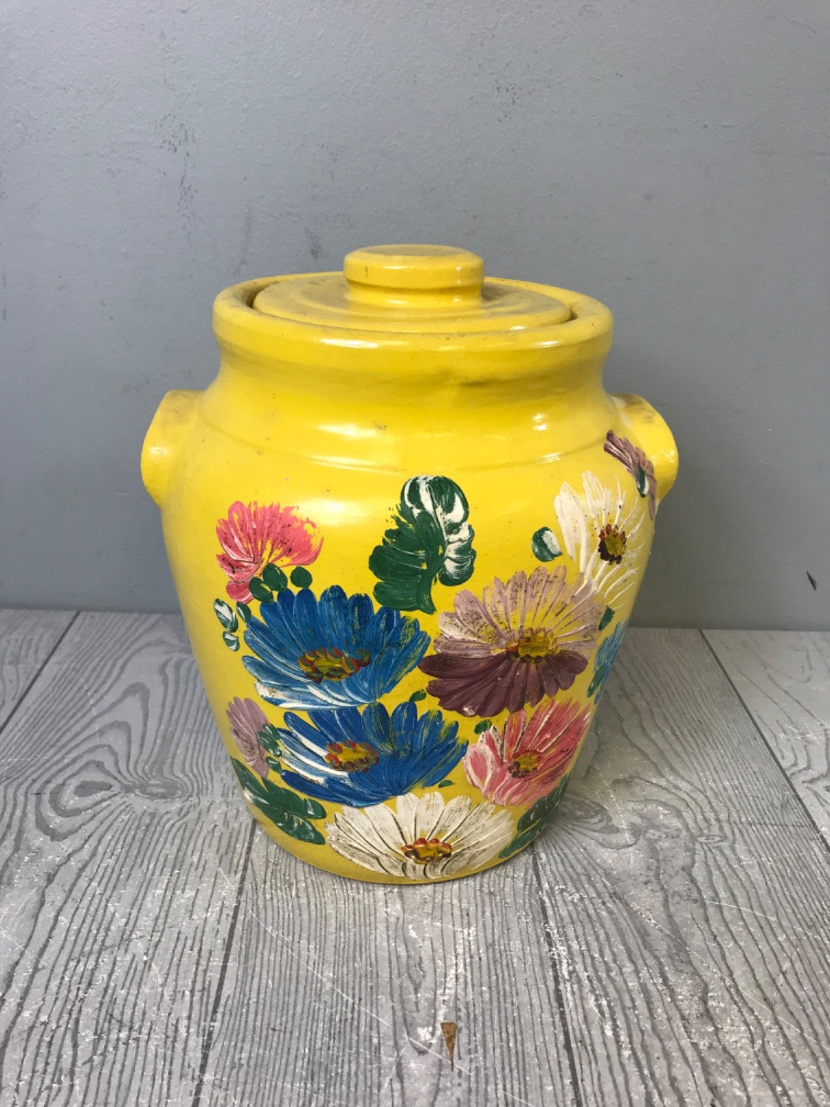 Ransburg Cookie Jar circa 1930s Hand-Painted Floral on Yellow Clean Vintage