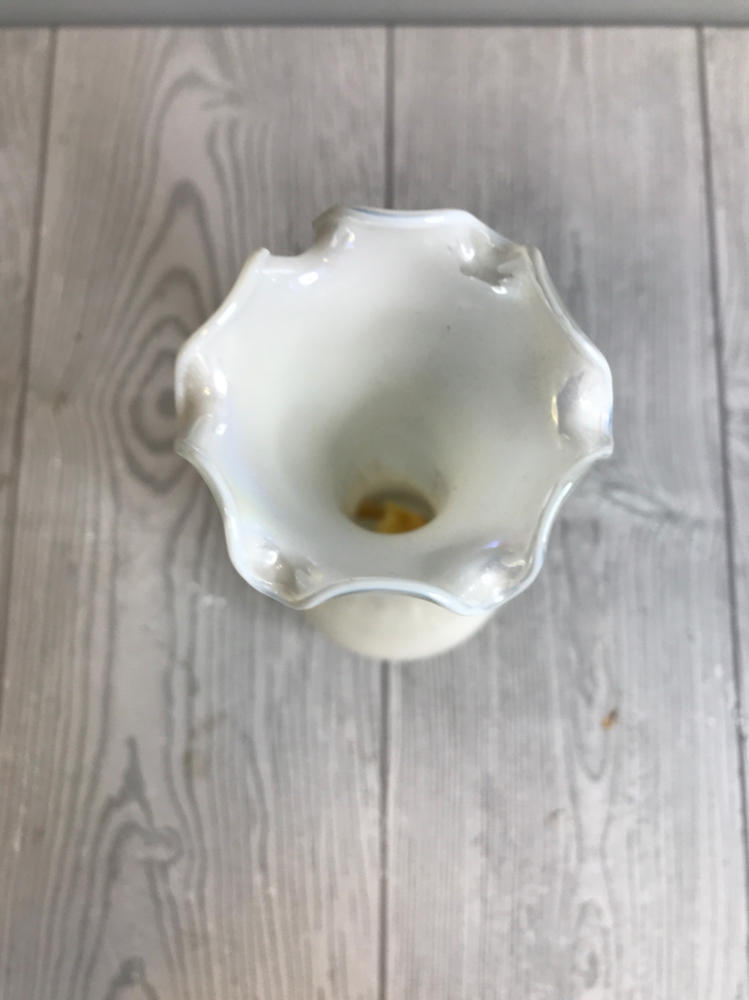 Vintage White Opalescent Glass Vase with Ruffle Edge Bulbous Body Home Decor