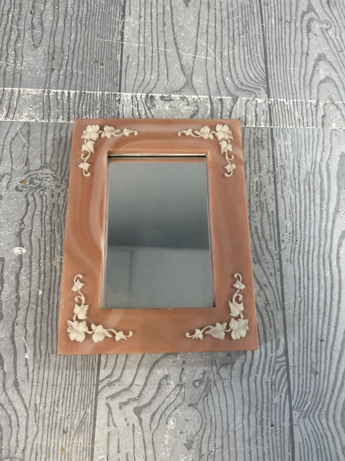 Vintage Crushed Glass Mirror Frame Alabaster- Look Raised Carved Floral