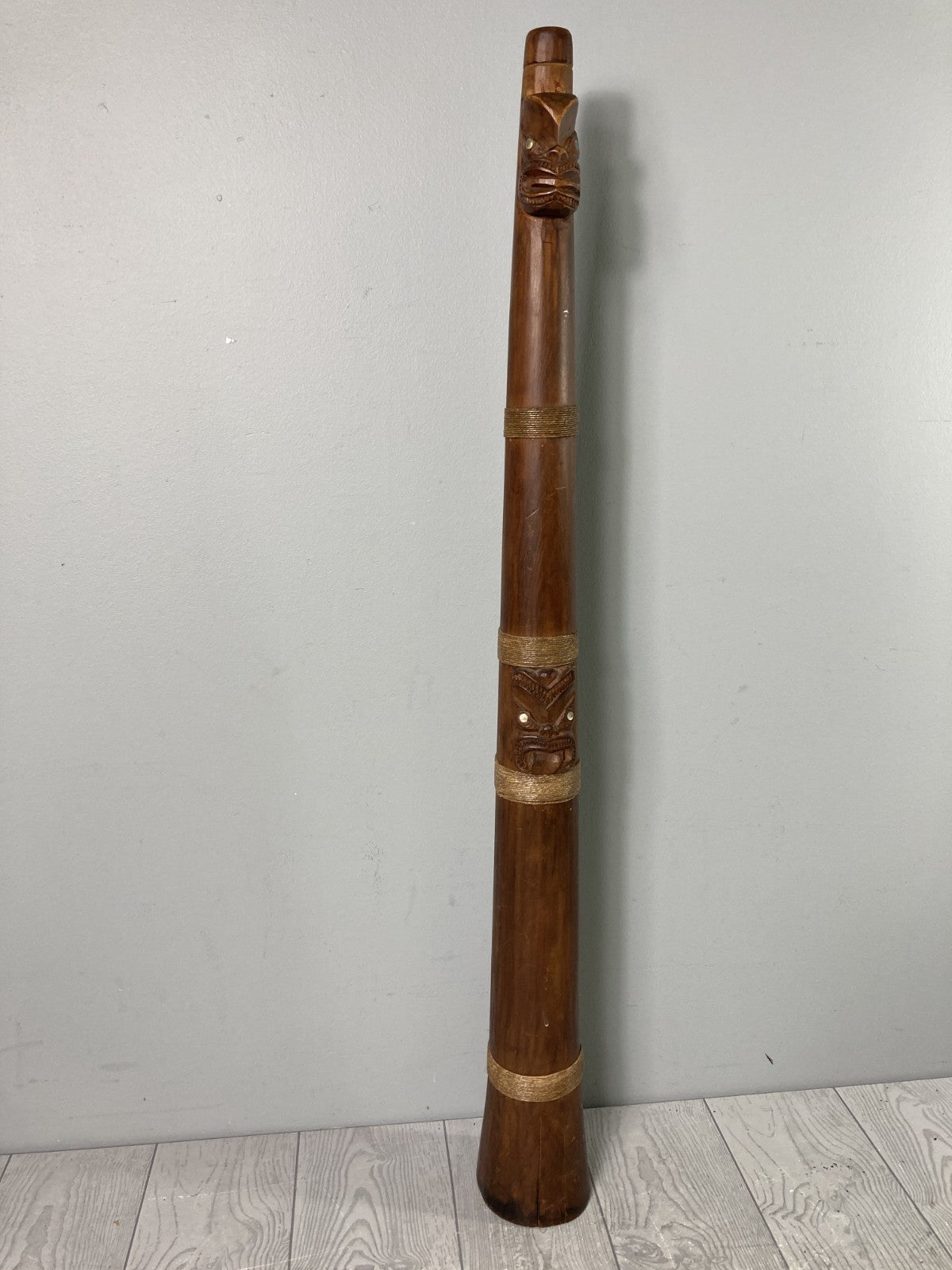 Decorative Tall Wooden Horn Shaped Polynesian Tribal Art Piece Mother of Pearl