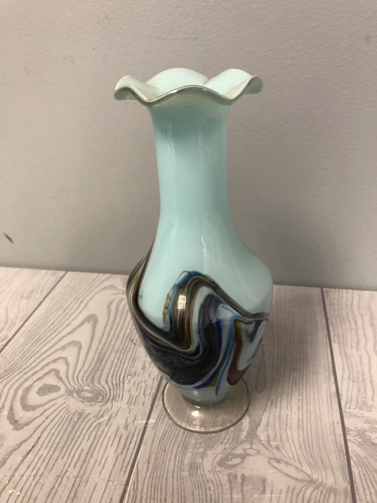 Vintage Light Blue Vase Dalian Glass Company Inspired Hand-Painted Scalloped Top