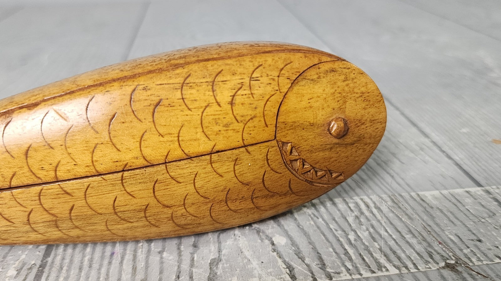 Vintage Scandinavian Fish Nutcracker, Carved Wood Large Folk Art Nutcracker
