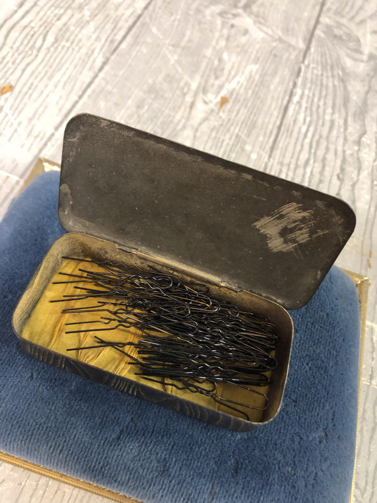 Antique Hair PIn Box My Friend Inscription Etched in Dark Metal Floral Design