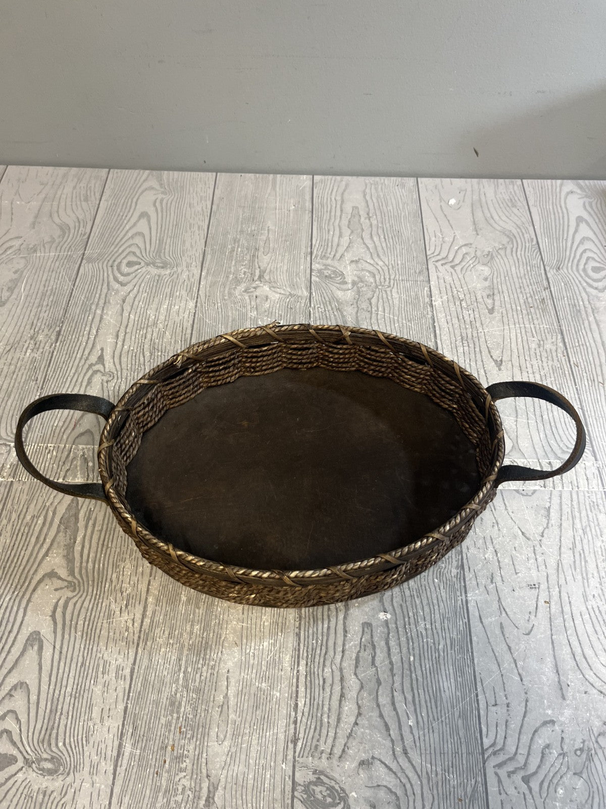 Vintage Handmade Amish Basket in Dark Brown Leather Handles Signed