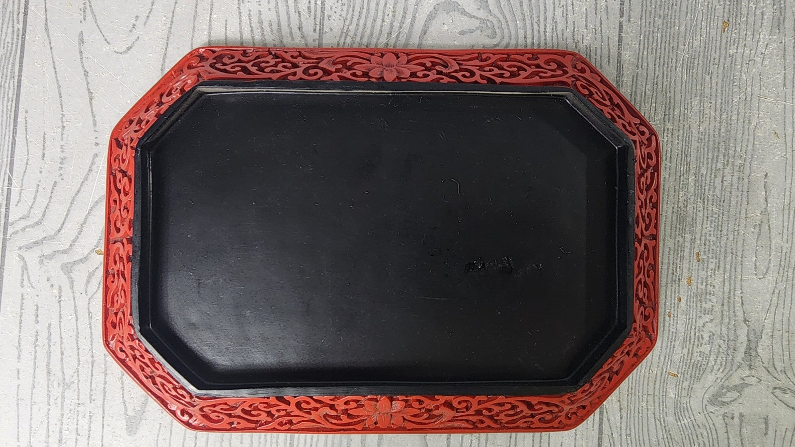 Vintage Mid-20th Century Chinese Hand Carved Cinnabar Inspired Lacquer Plate