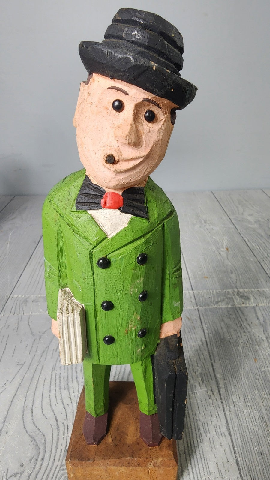 Vintage Hand Carved Wooden Statue Salesman with Cigar Wood Carving Art