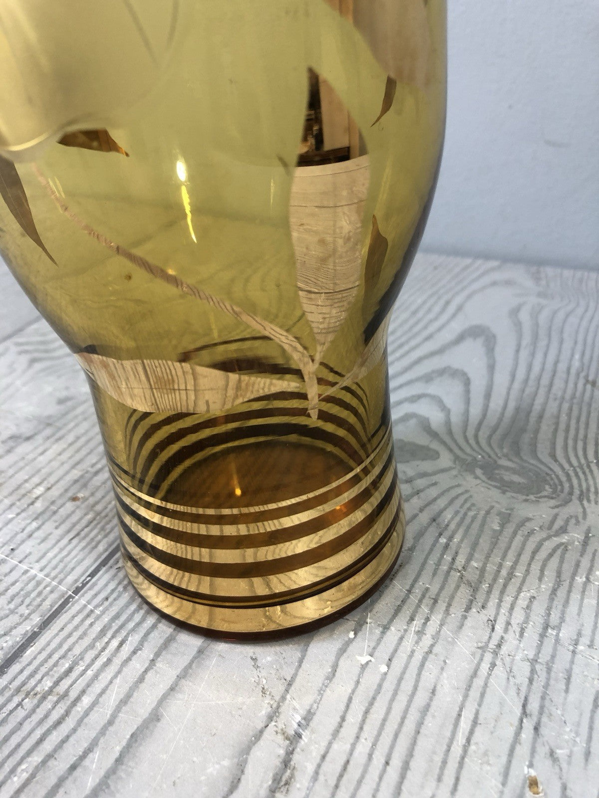 Beautiful Czech Bohemian Cut Amber Crystal Glass Etched Flower Decanter