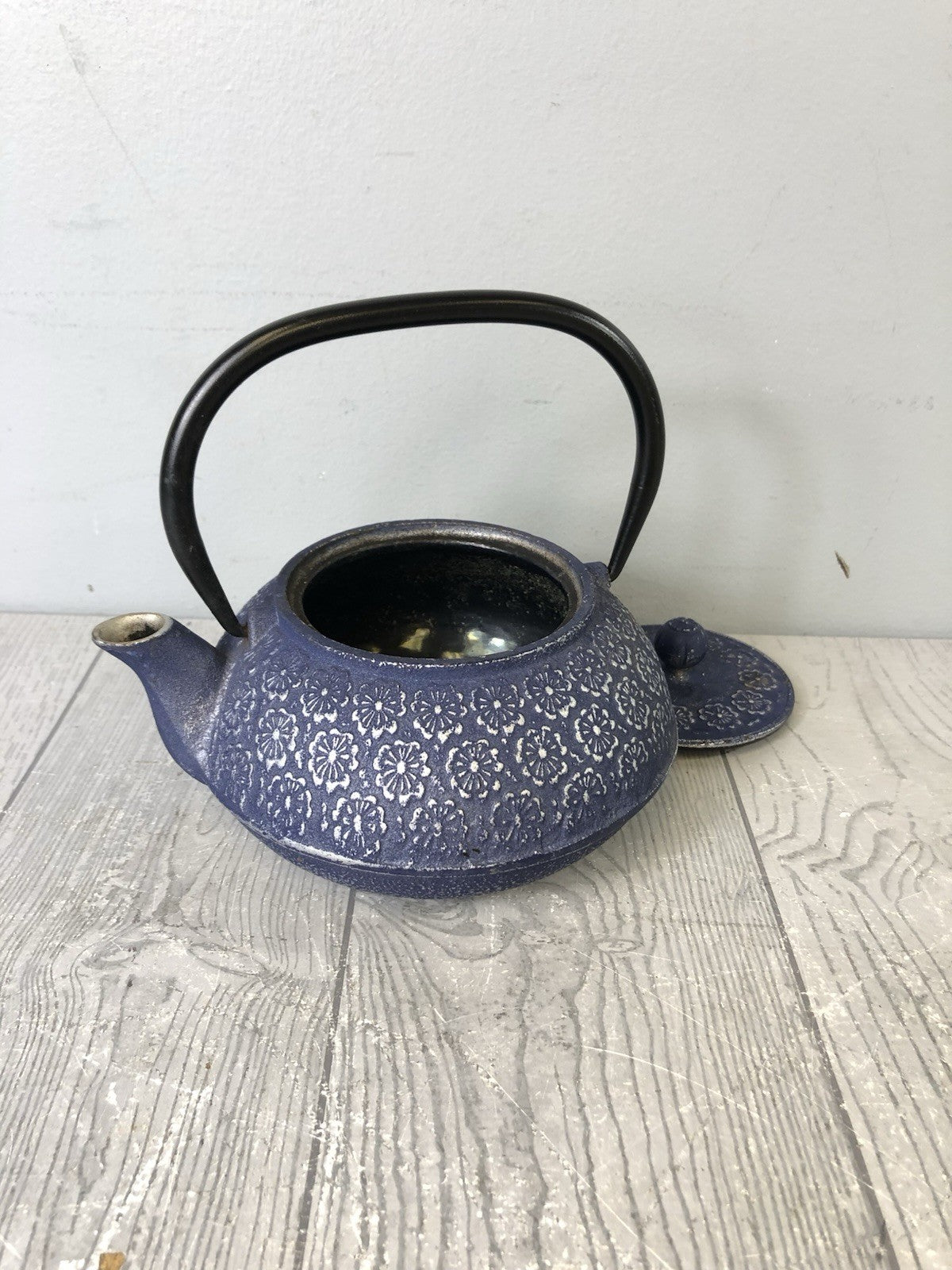 Cast Iron Ornamental Blue Teapot with Silver Flower Pattern and Black Handle