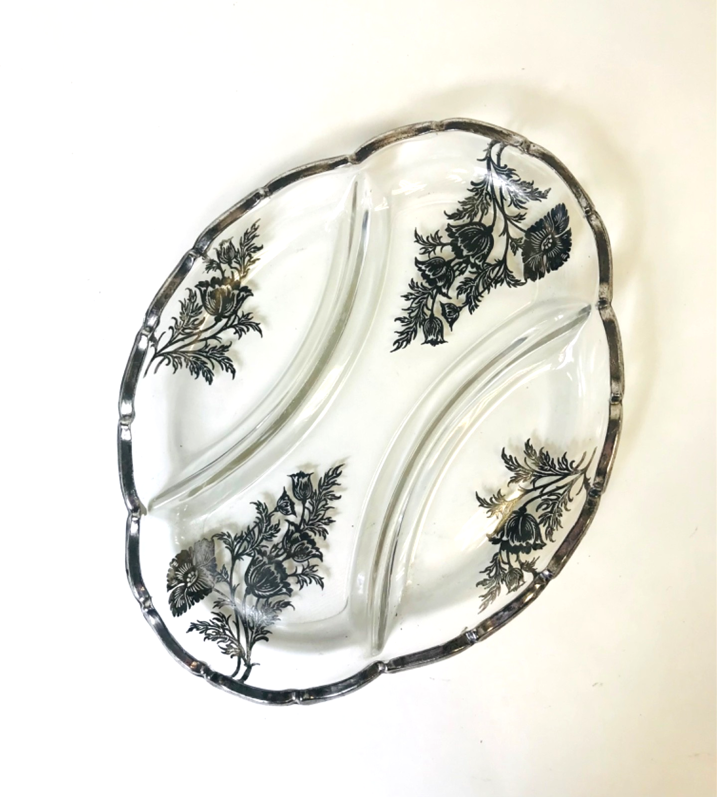 Silver City Glass Company Divided Relish Dish featuring Sterling Silver Overlay