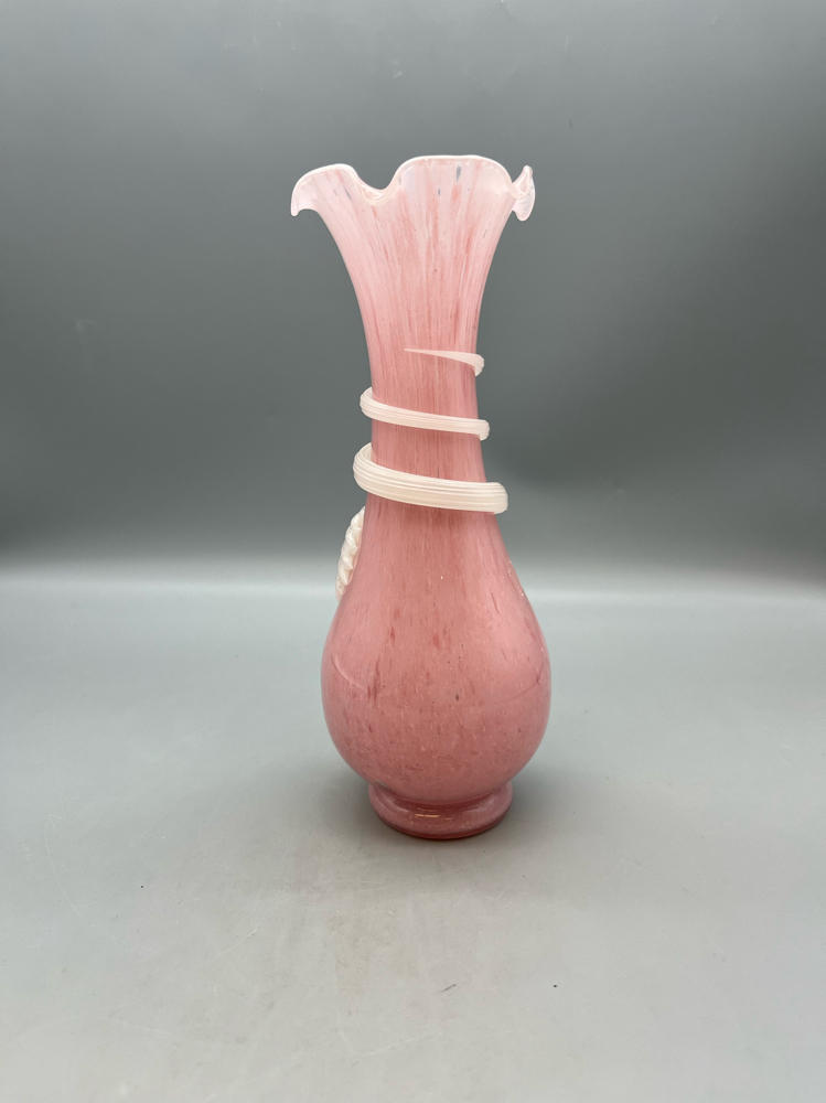 Vtg. Pink Handcrafted Murano Glass Vase Applied White Spiral Twist Shell Detail