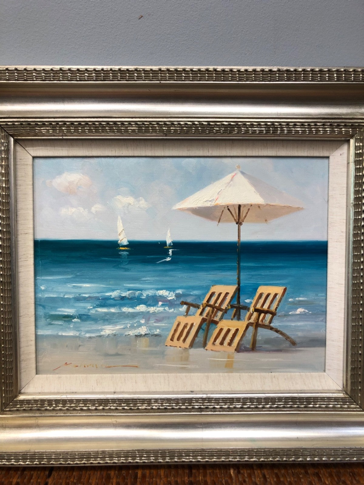 Acrylic Painting on Canvas of Two Chairs Under the Umbrella at the Beach- Signed