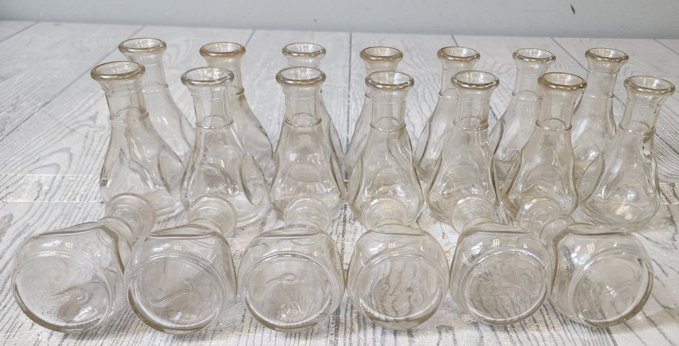 Vintage Lot of 20 Mini Clear Glass Libby Bottles/Bud Vases L Embossment