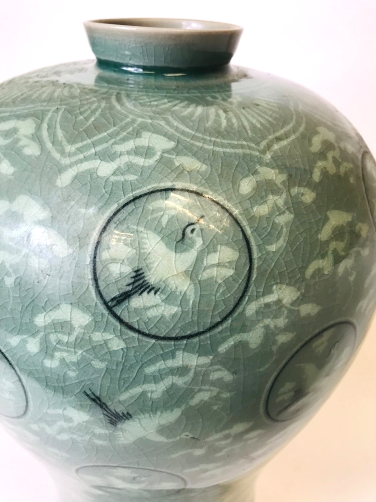 Korean Celadon Vase Featuring Inlaid Crane and Cloud Motifs 15" Tall- Blue Green