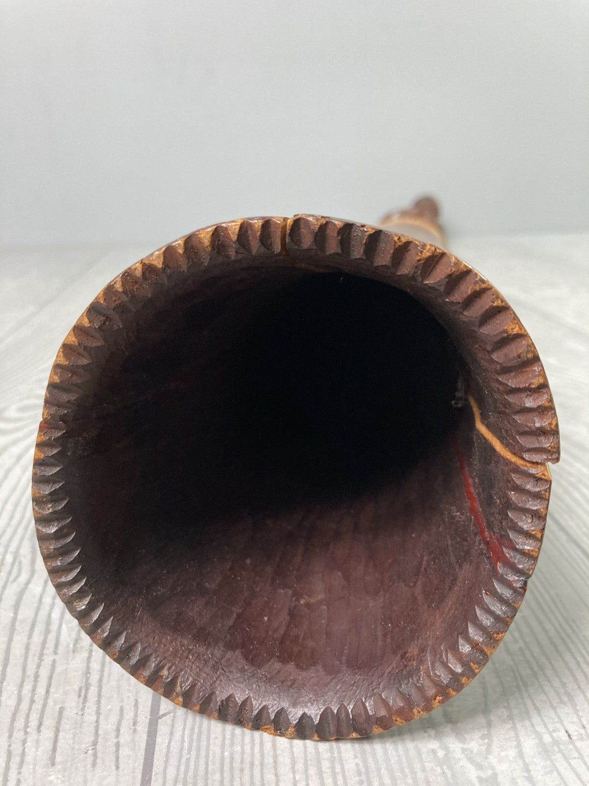 Decorative Tall Wooden Horn Shaped Polynesian Tribal Art Piece Mother of Pearl