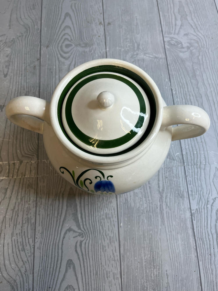 Vintage Stangl Pottery Blue Tulip Lidded Bean Pot Cookie Jar Hand Painted Design