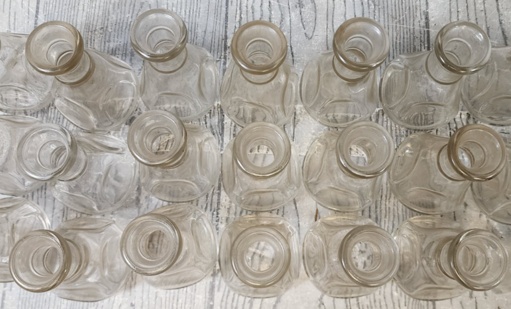 Vintage Lot of 20 Mini Clear Glass Libby Bottles/Bud Vases L Embossment