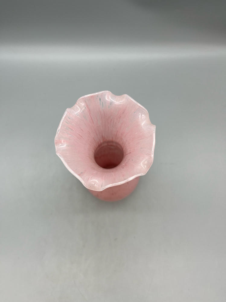 Vtg. Pink Handcrafted Murano Glass Vase Applied White Spiral Twist Shell Detail