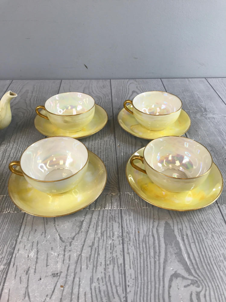 Set of 12 Yellow & White Iridescent Tea Set - 7 Saucers, 4 Cups, 1 Tea Pot
