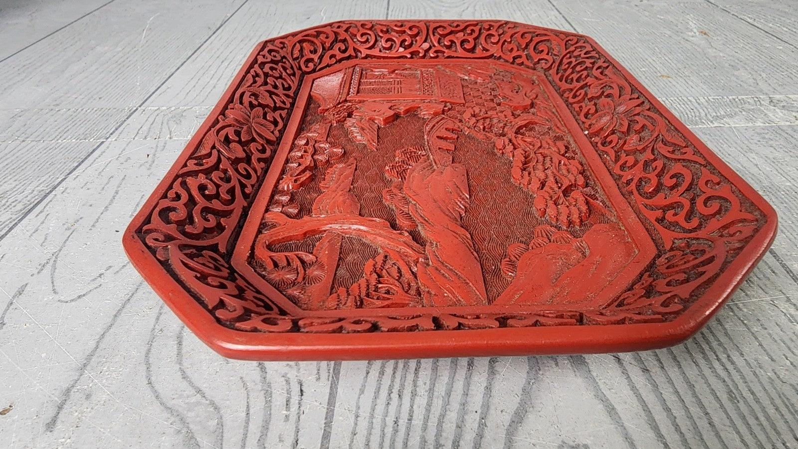 Vintage Mid-20th Century Chinese Hand Carved Cinnabar Inspired Lacquer Plate