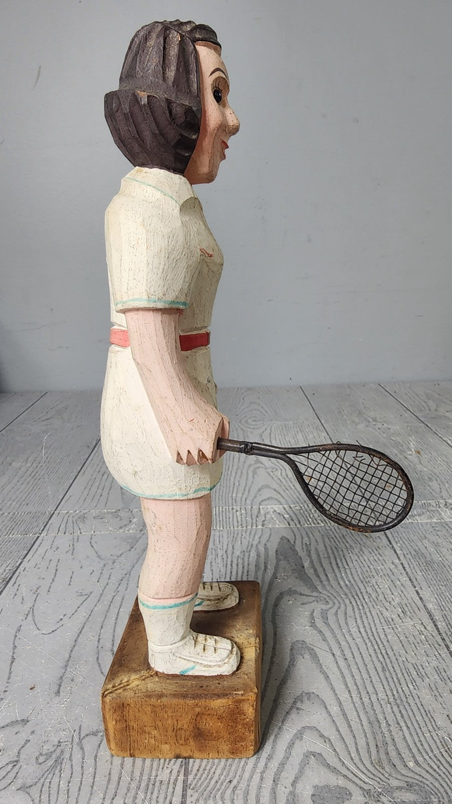 Vintage Hand Carved Wooden Statue Woman Playing Tennis Statue Wood Carving A