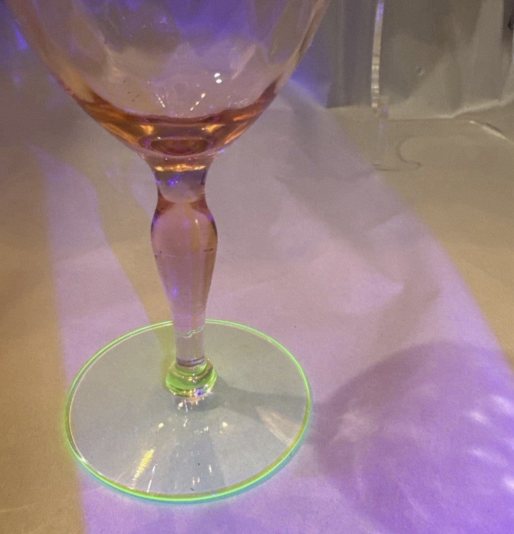 Vintage Pink And Green Tiffin Glass Etched Stemmed Uranium Wine Glasses Set Of 6