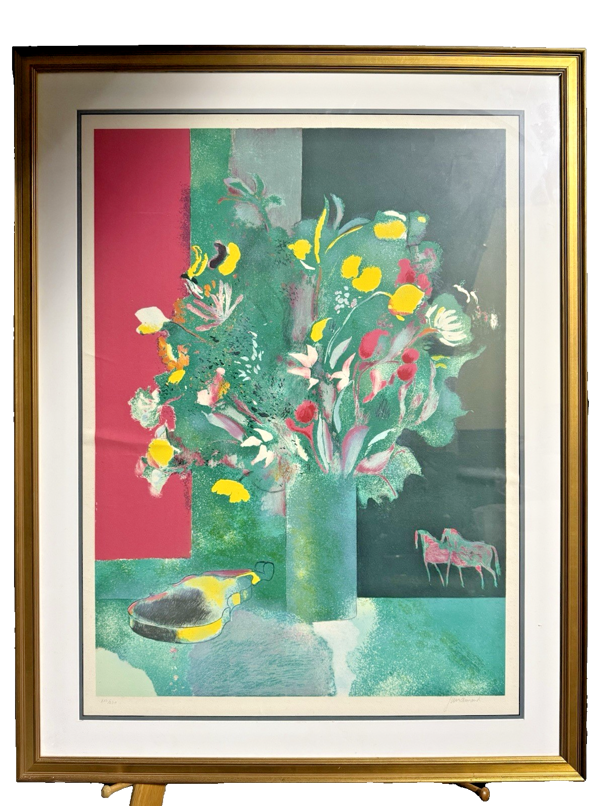 Lithograph in the Style of Paul Guiramand French Flowers, Violin, and Horses