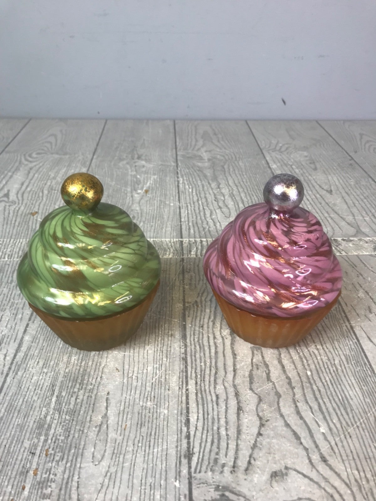 Pair of Green and Pink Anthropologie Cupcake Glass Candle Holders - No Candles