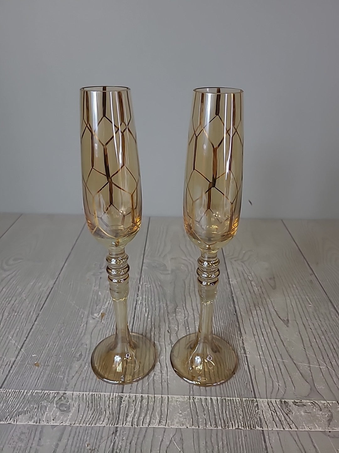 Amber and Gold Pair of Footed Champagne Flutes