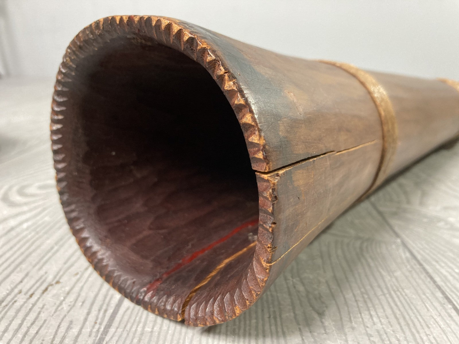 Decorative Tall Wooden Horn Shaped Polynesian Tribal Art Piece Mother of Pearl