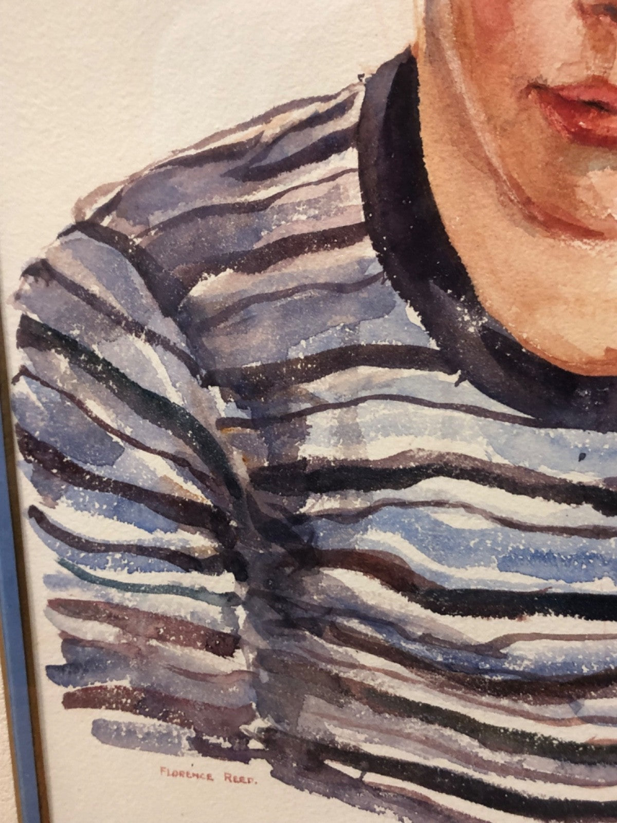 Watercolor Painting of Little Boy in Striped Shirt Painted by Florence Reed