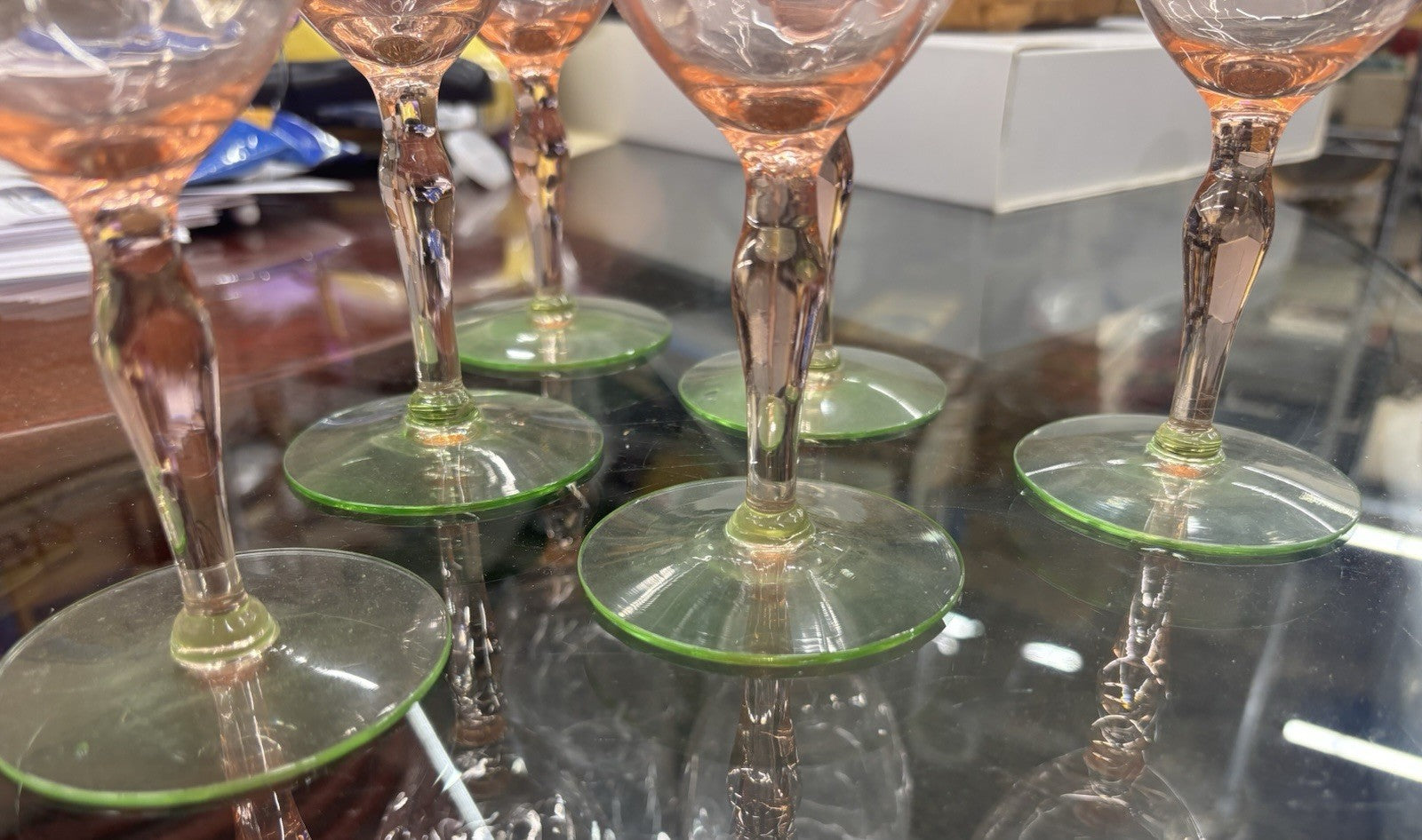 Vintage Pink And Green Tiffin Glass Etched Stemmed Uranium Wine Glasses Set Of 6