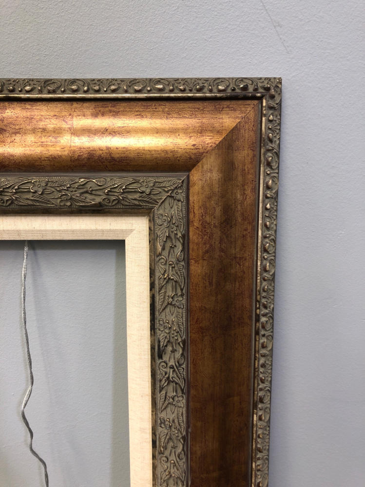 Vintage Wood and Bronze with Beige Linen Liner Ornate Picture Frame Wall Decor
